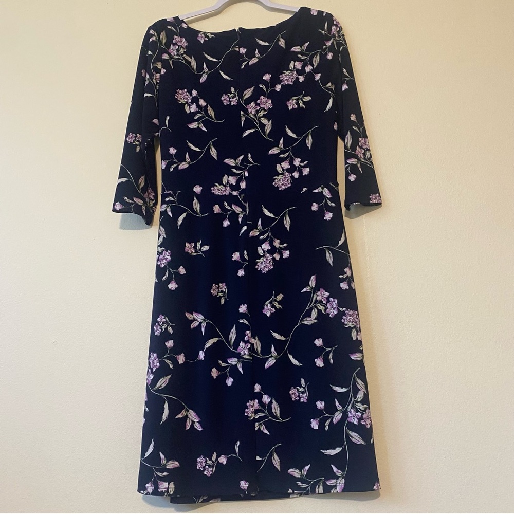 Lauren Floral Navy A-Line Women's Dress with Three-Quarter Sleeves